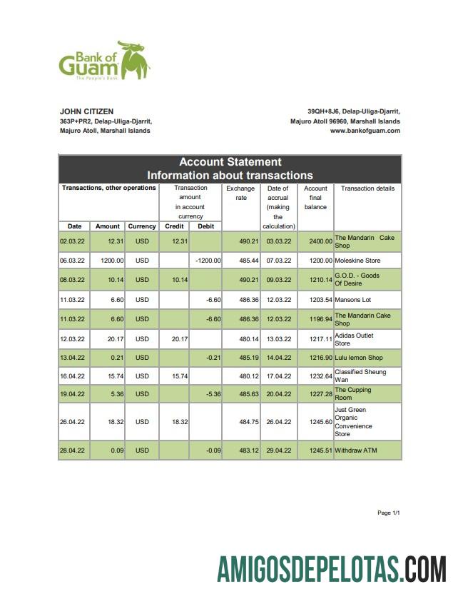 Modelo Xls do extrato bancário do Banco de Guam das Ilhas Marshall